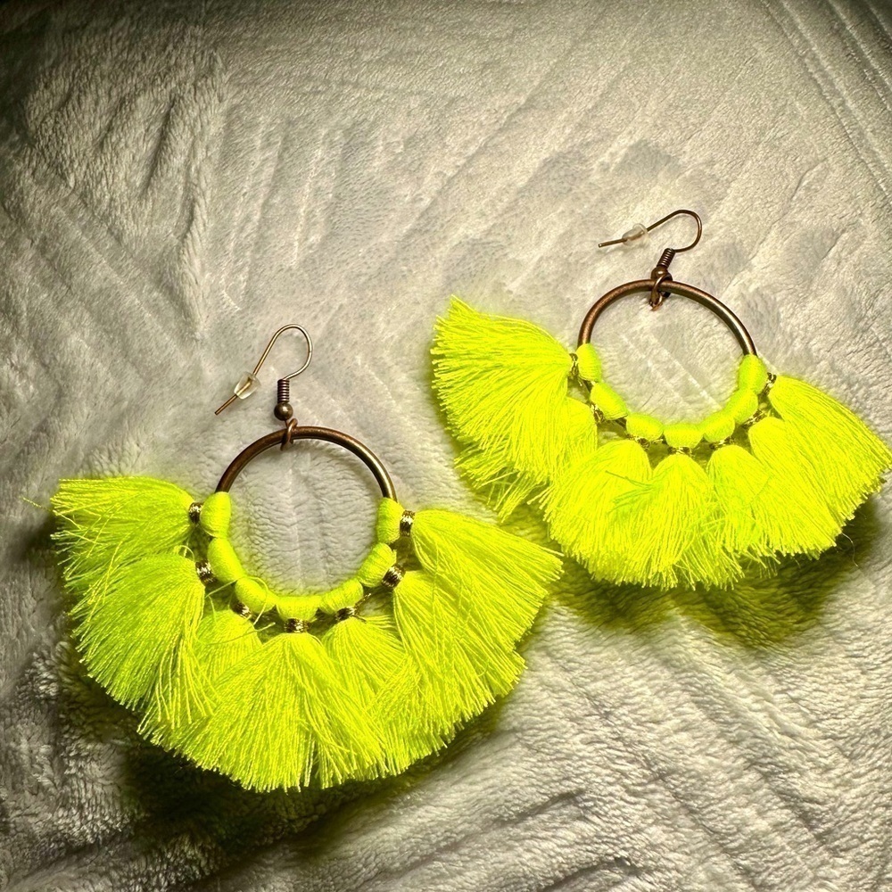 Boho Earrings YELLOW Fringe Bronze Ring Pendant Ethnic Earrings